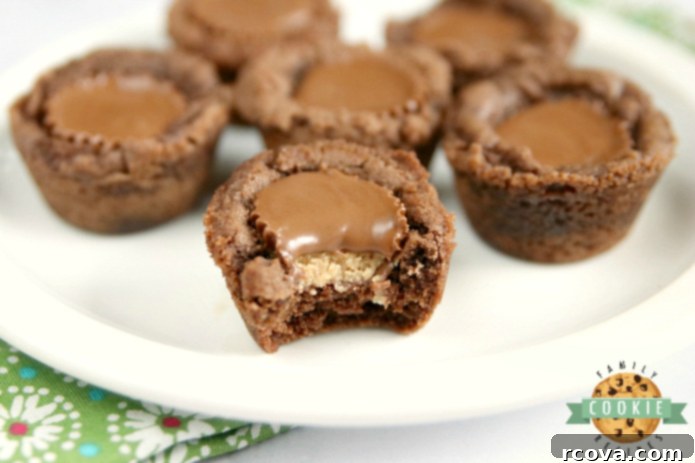 Reese's Peanut Butter Chocolate Cookie Cups 5 Reese's Chocolate Cookie Cups are bite-sized treats made with a delicious chocolate cookie base that is filled with a miniature Reese's Peanut Butter Cup! The perfect chocolate and peanut butter dessert!