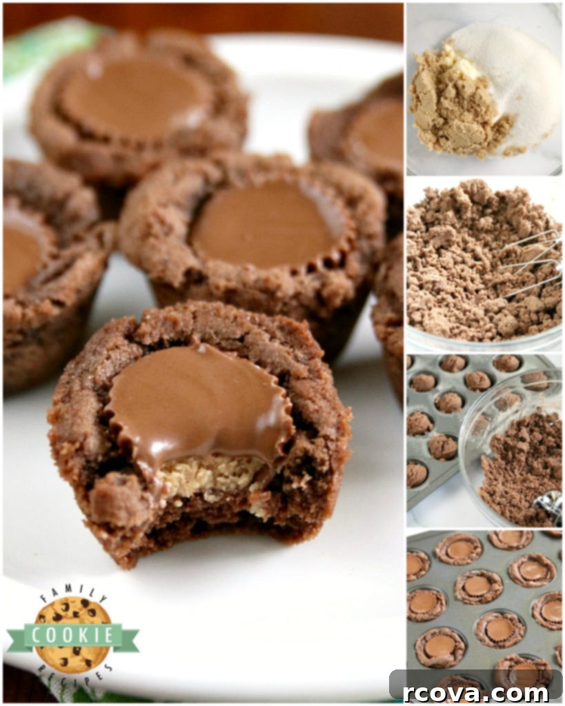 Reese's Peanut Butter Chocolate Cookie Cups 6 Reese's Chocolate Cookie Cups are bite-sized treats made with a delicious chocolate cookie base that is filled with a miniature Reese's Peanut Butter Cup! The perfect chocolate and peanut butter dessert!