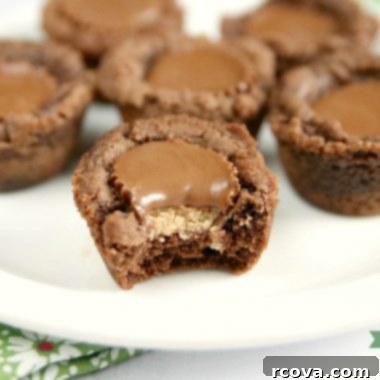 Reese's Peanut Butter Chocolate Cookie Cups 7 A perfectly baked Reese's Chocolate Cookie Cup with a Reese's Peanut Butter Cup nestled inside