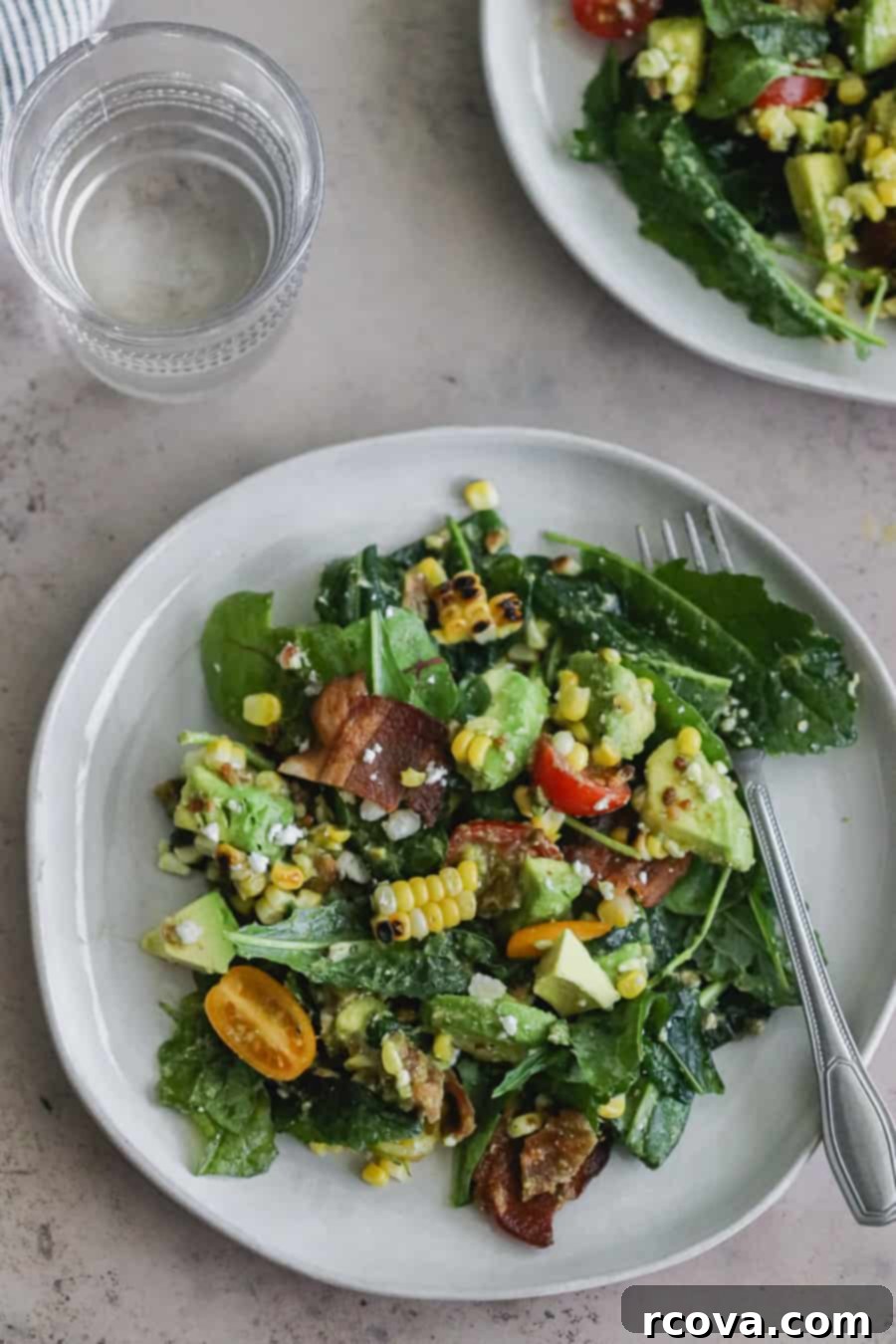 Chopped BLT Salad with Sweet Corn and Basil Vinaigrette 7 Chopped BLT Salad with Corn ready to be served, showcasing its fresh and colorful ingredients.