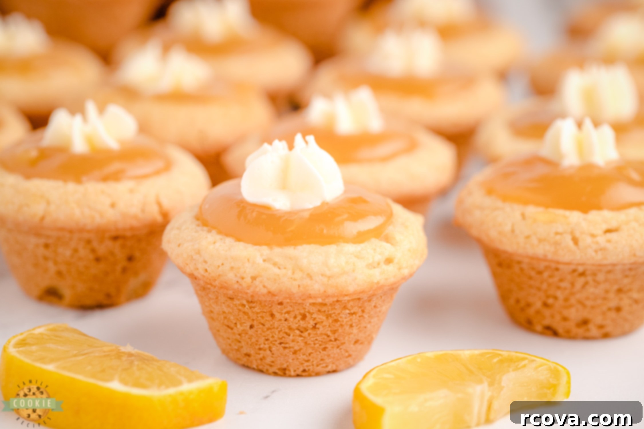 Zesty Lemon Curd Cookies 2 vanilla cookie cups filled with lemon curd, garnished with whipped cream
