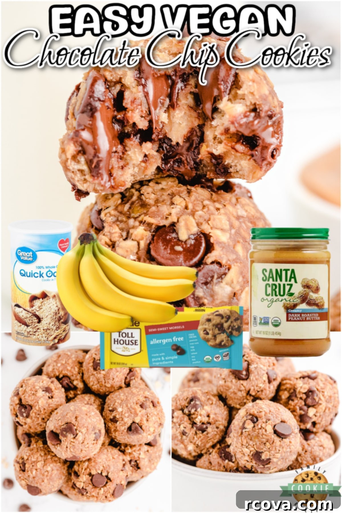 No-Fuss Vegan Chocolate Chip Perfection 9 Simple 4 ingredient recipe for Vegan Chocolate Chip Cookies that's made with bananas, oats, peanut butter & chocolate chips! Healthy no bake cookies that you can feel good about eating!