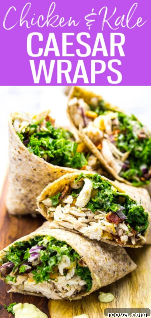 Signature Kale Chicken Caesar Wraps 10 These veggie-filled Kale Chicken Caesar Wraps are the perfect on-the-go lunch, with a Caesar dressing that's lighter on calories.#chickenkale #caeserwraps