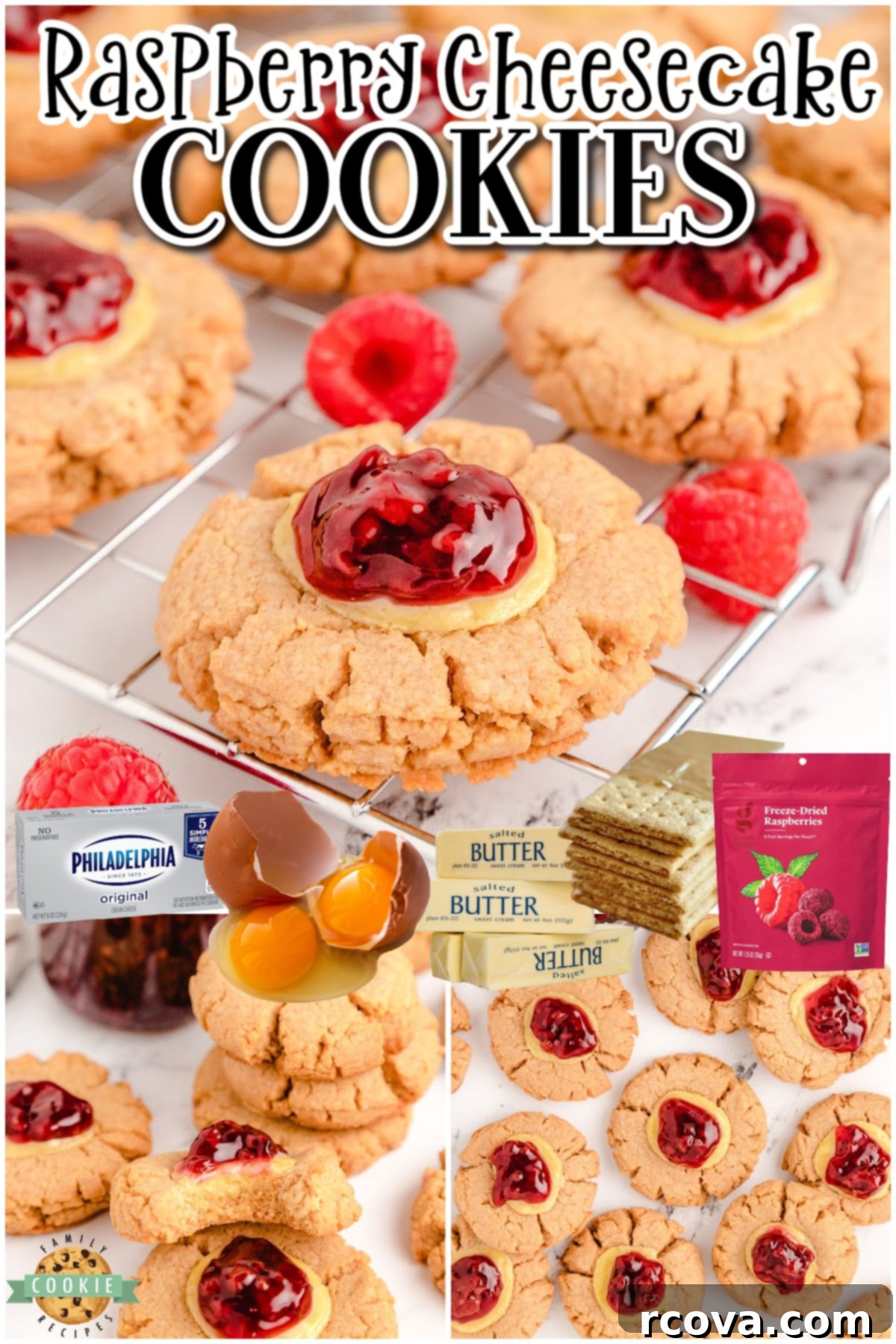 Dreamy Raspberry Cheesecake Cookies 8 Easy Raspberry Cheesecake cookies with a graham cracker cookie base & topped with cream cheese and raspberry pie filling! These raspberry thumbprint cookies are perfect for cheesecake lovers who enjoy fruity and creamy desserts. This image features a collage of different angles of the delicious cookies.