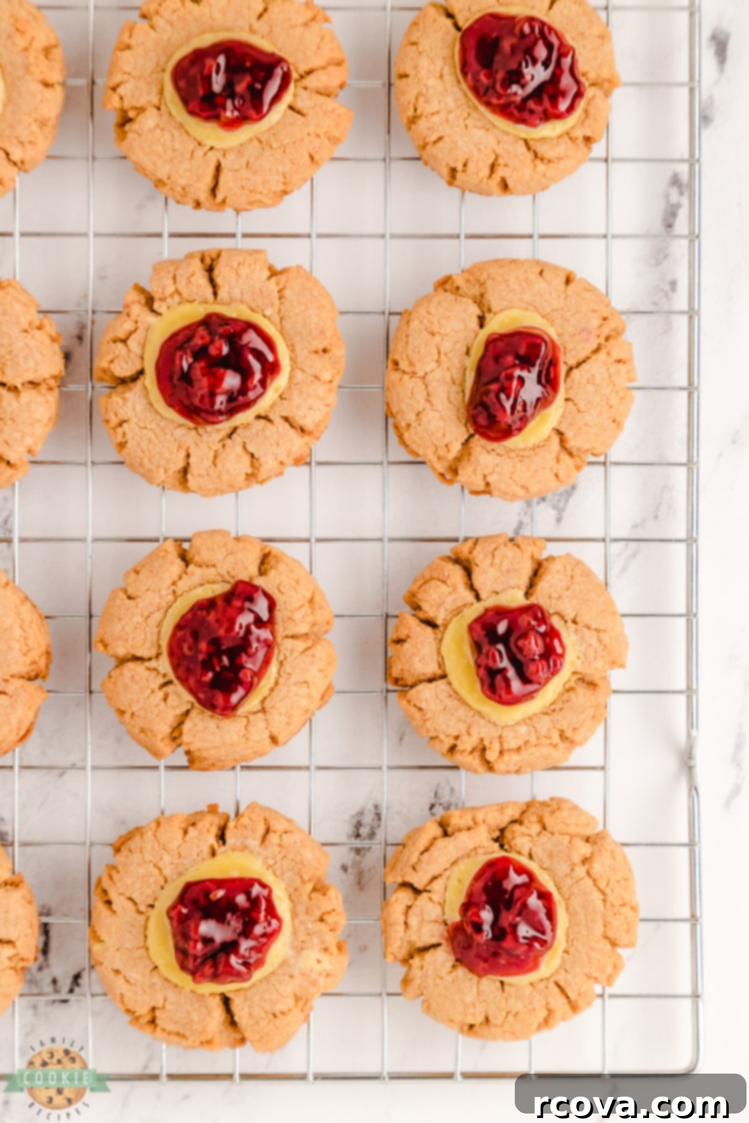 Dreamy Raspberry Cheesecake Cookies 9 Freshly baked raspberry cheesecake cookies are neatly arranged on a wire cooling rack, showcasing their inviting texture and delicious toppings.