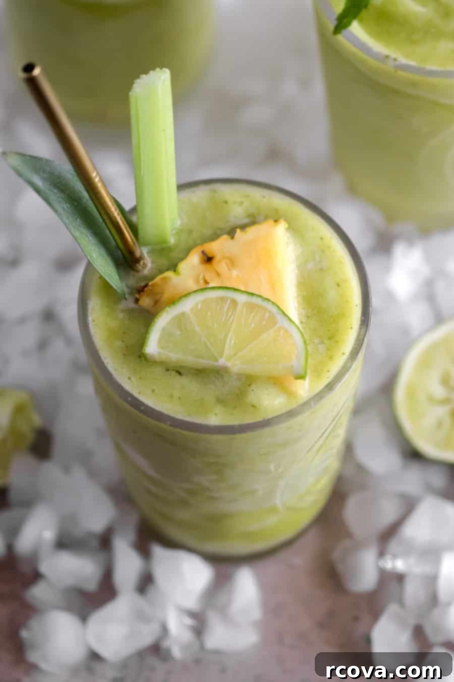 Pineapple Celery Frosty Mojito 5 Ingredients for Pineapple-Celery Frozen Mojito in a blender, ready to be mixed.