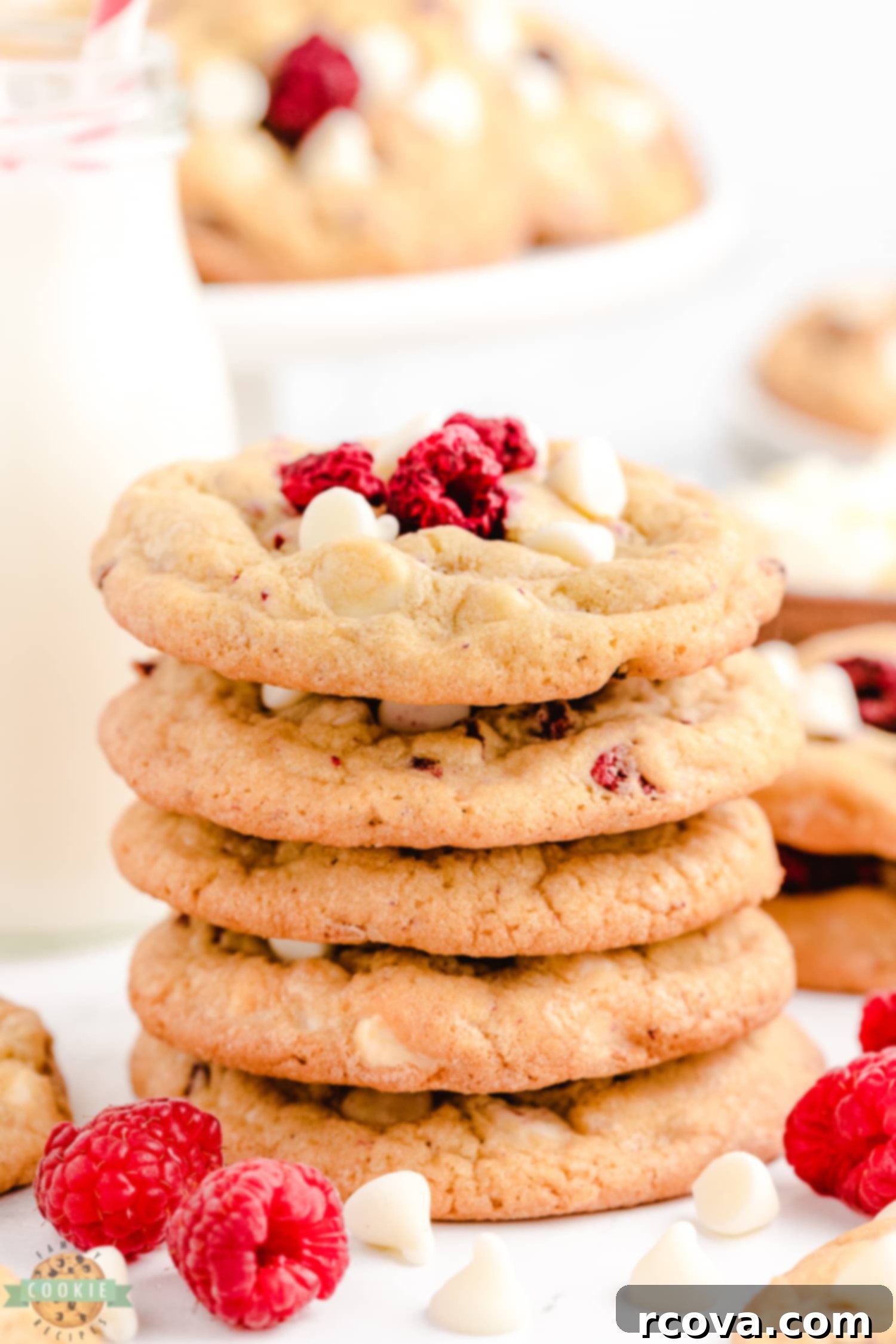 Decadent Raspberry White Chocolate Cookies 3 stack of raspberry white chocolate cookies