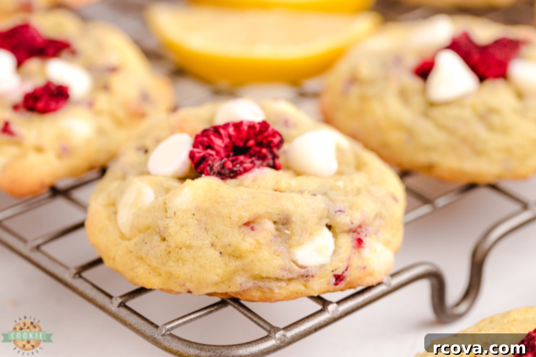 Zesty Lemon Raspberry Cookies 2 raspberry lemonade cookies on a cooling rack