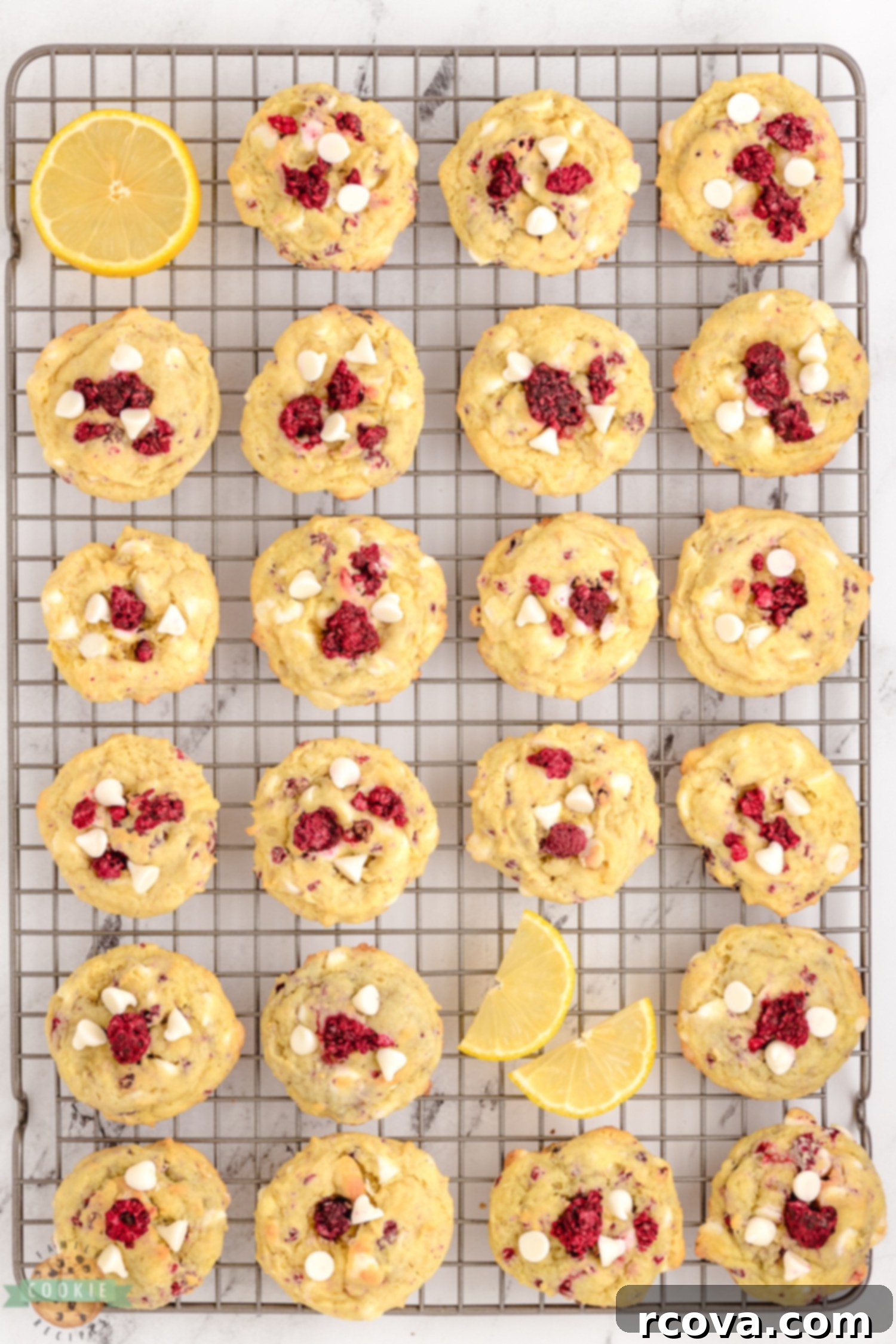 Zesty Lemon Raspberry Cookies 5 lemon raspberry cookies on a cooling rack