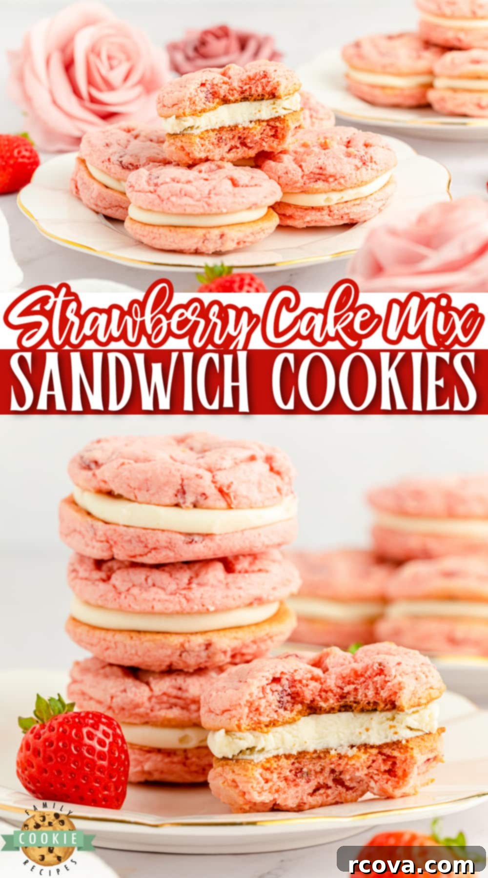 Strawberry Cake Sandwich Delights 15 Strawberry Cake Mix Sandwich Cookies are made with freeze dried strawberries and a simple cream cheese filling. Easy cookie sandwiches that are packed with strawberry flavor!