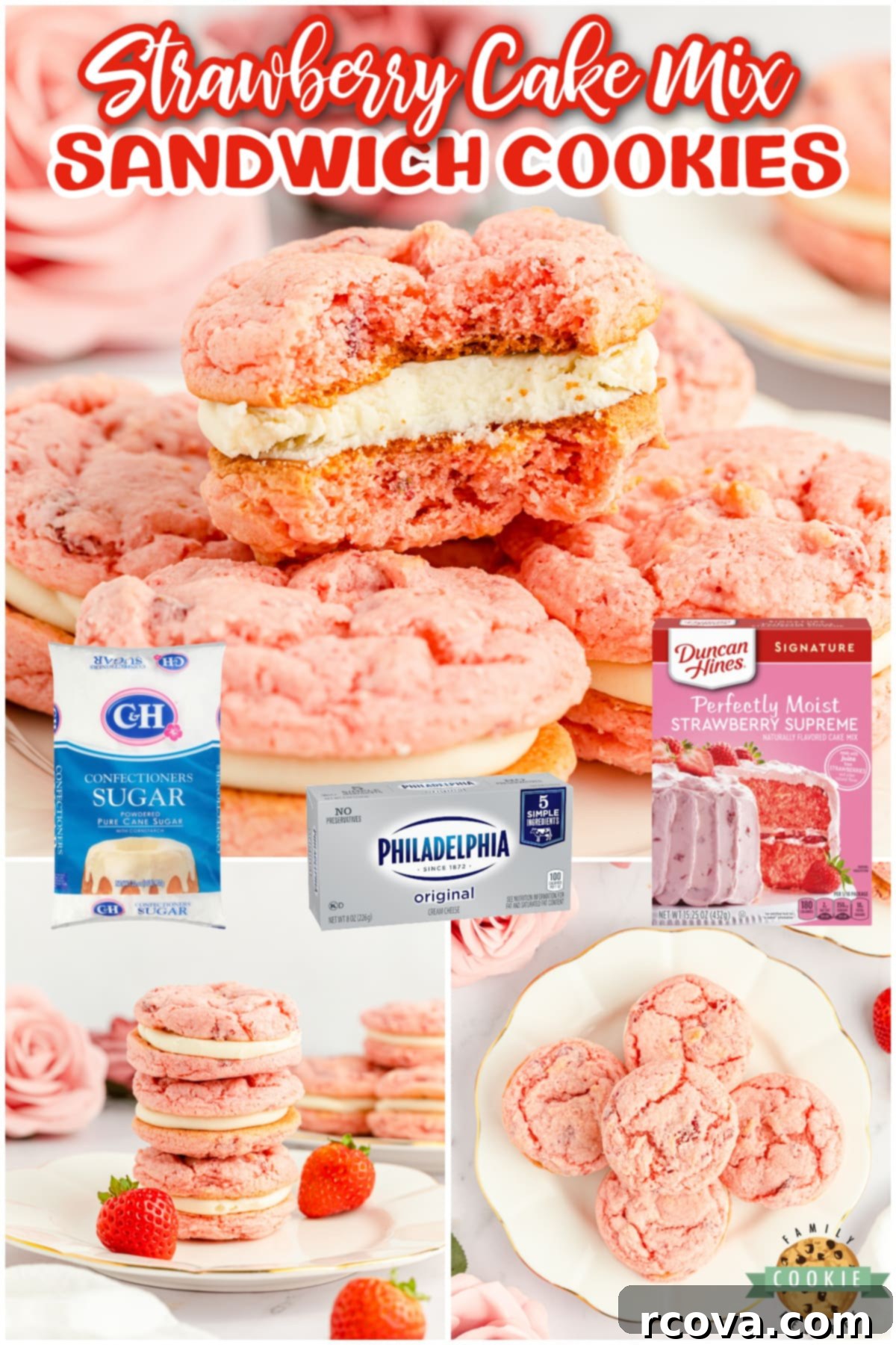 Strawberry Cake Sandwich Delights 7 Strawberry Cake Mix Sandwich Cookies are made with freeze dried strawberries and a simple cream cheese filling. Easy cookie sandwiches that are packed with strawberry flavor!