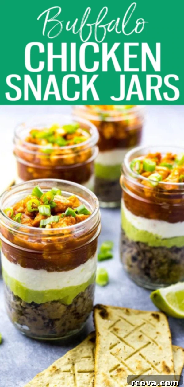 Party-Perfect Stacked Buffalo Chicken Dip Jars 10 These Mini 5-Layer Buffalo Chicken Dip Jars are the perfect grab and go snack with refried beans, guacamole, sour cream and salsa! #buffalochicken #snackjars #mealprep