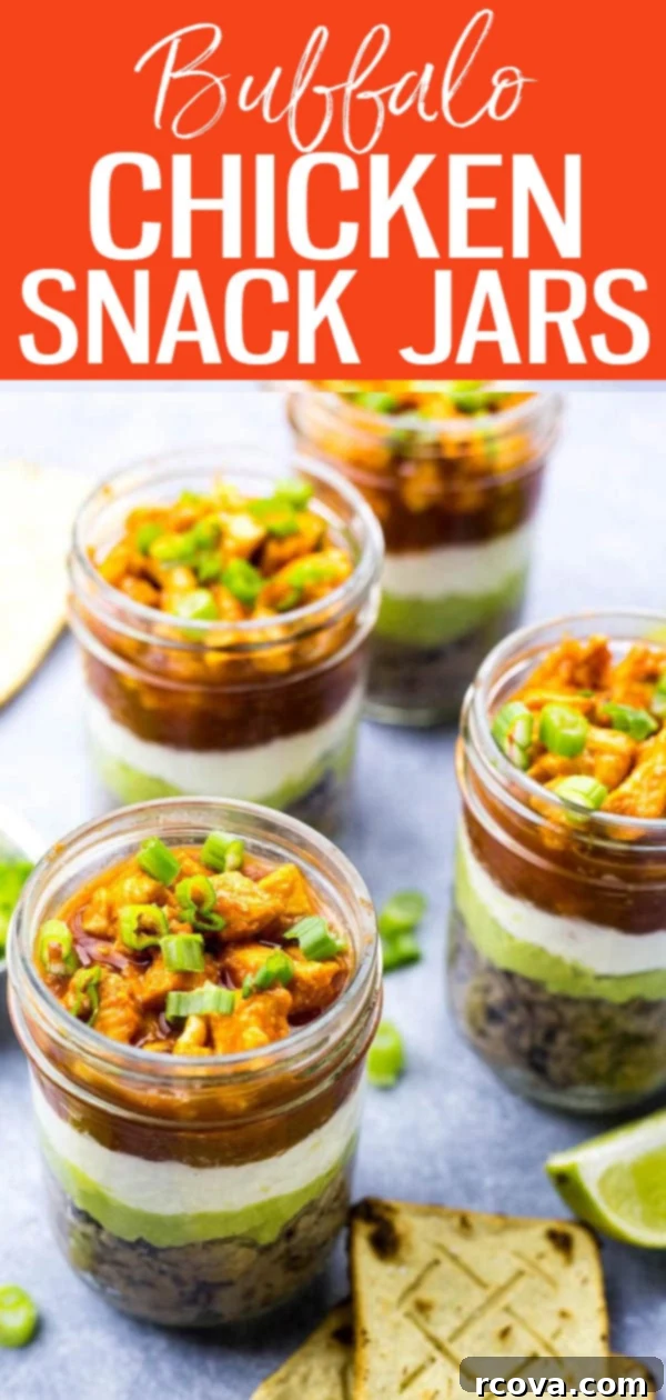 Party-Perfect Stacked Buffalo Chicken Dip Jars 11 These Mini 5-Layer Buffalo Chicken Dip Jars are the perfect grab and go snack with refried beans, guacamole, sour cream and salsa! Ideal for healthy meal planning and quick meals.