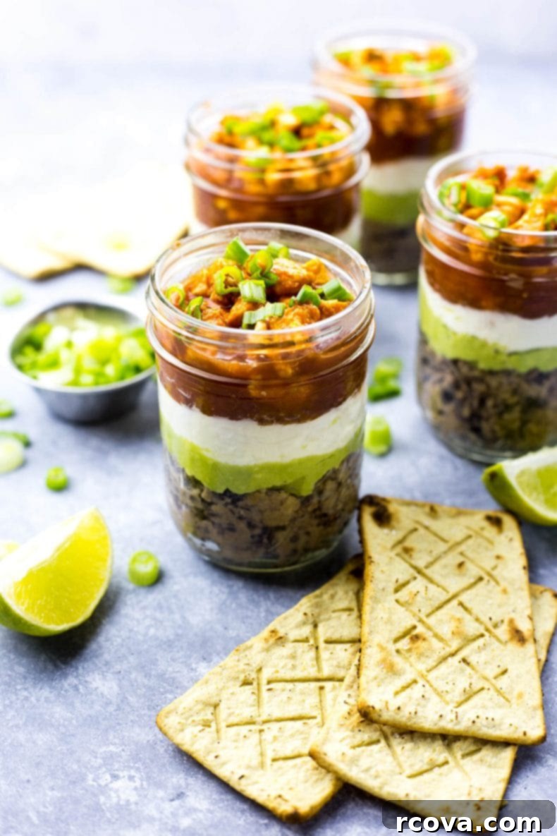 Party-Perfect Stacked Buffalo Chicken Dip Jars 4 Close-up of a Mini Buffalo Chicken Salsa Dip Jar showing the distinct layers.