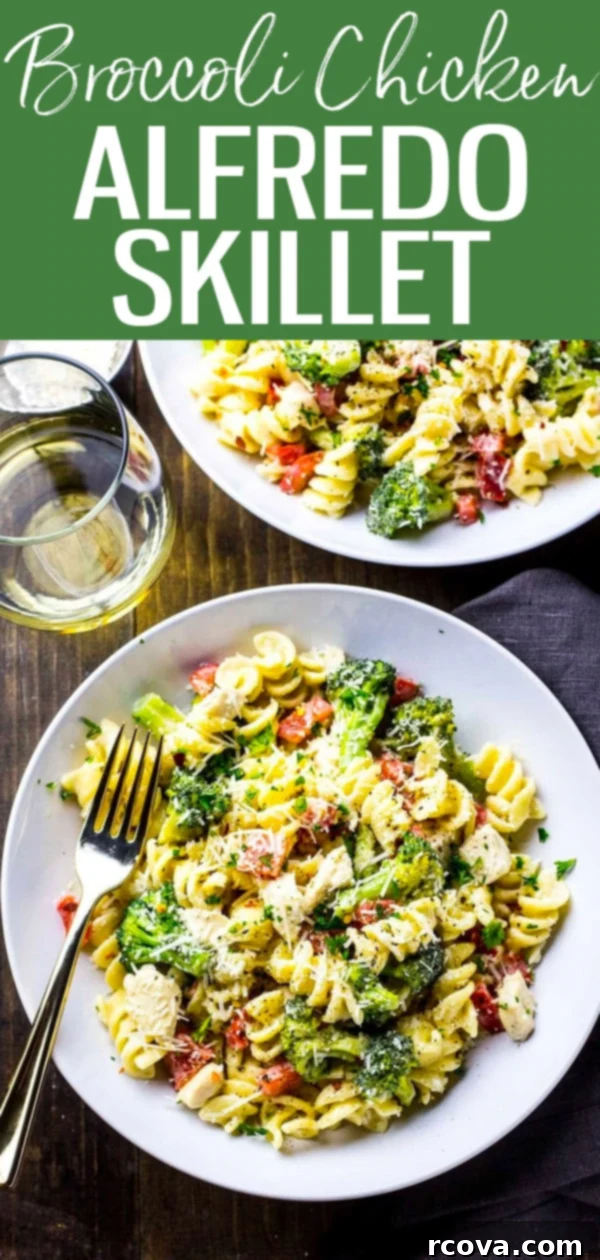 One-Pan Creamy Chicken Broccoli Alfredo 10 This Broccoli Chicken Alfredo Skillet is a delicious, 30-minute weeknight pasta dinner made with a lighter, healthier alfredo sauce. #broccolialfredo