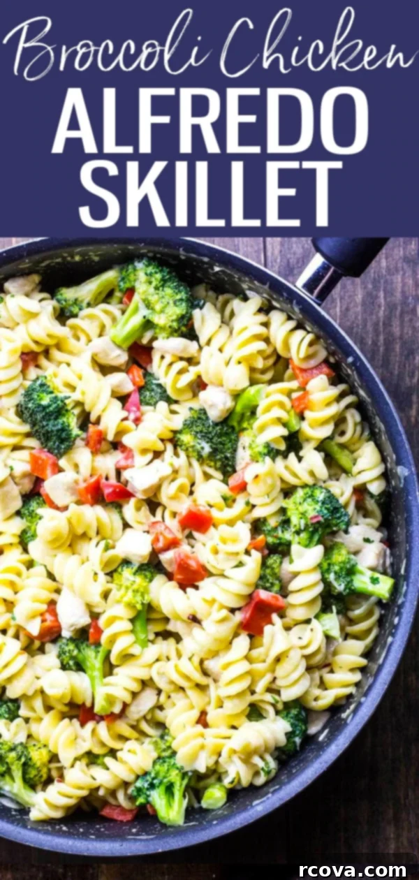 One-Pan Creamy Chicken Broccoli Alfredo 11 This Broccoli Chicken Alfredo Skillet is a delicious, 30-minute weeknight pasta dinner made with a lighter, healthier alfredo sauce. #broccolialfredo