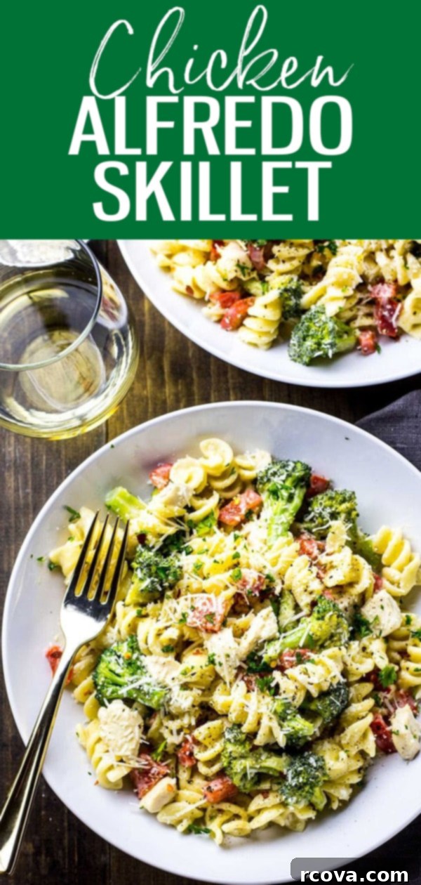 One-Pan Creamy Chicken Broccoli Alfredo 12 This Broccoli Chicken Alfredo Skillet is a delicious, 30-minute weeknight pasta dinner made with a lighter, healthier alfredo sauce. #broccolialfredo
