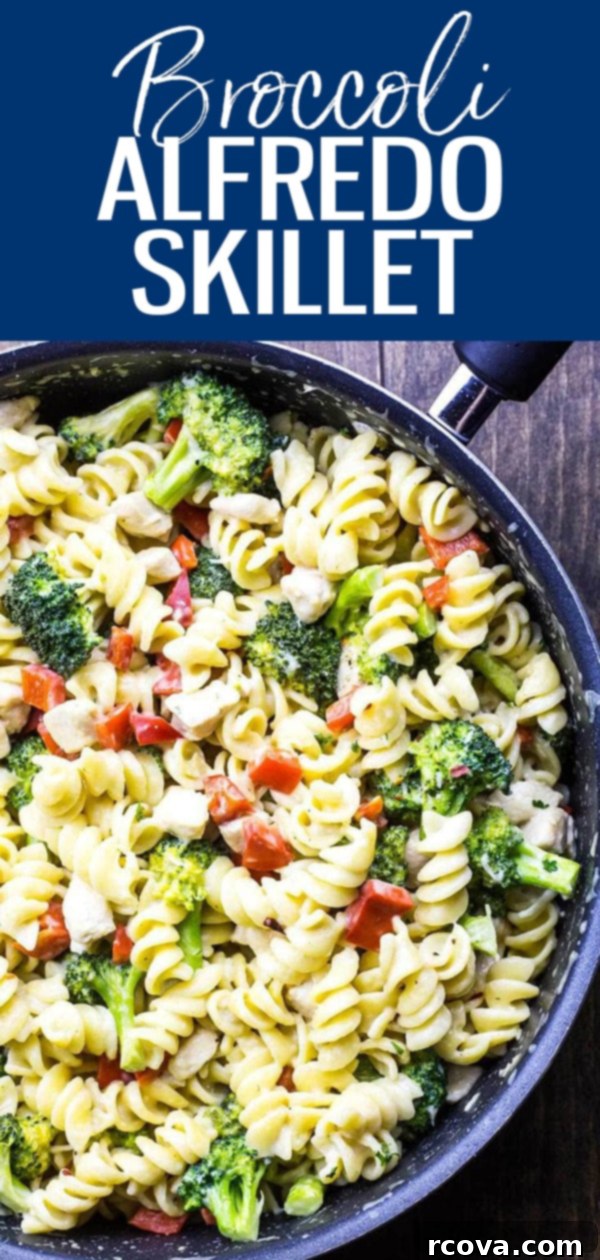 One-Pan Creamy Chicken Broccoli Alfredo 13 This Broccoli Chicken Alfredo Skillet is a delicious, 30-minute weeknight pasta dinner made with a lighter, healthier alfredo sauce. #broccolialfredo