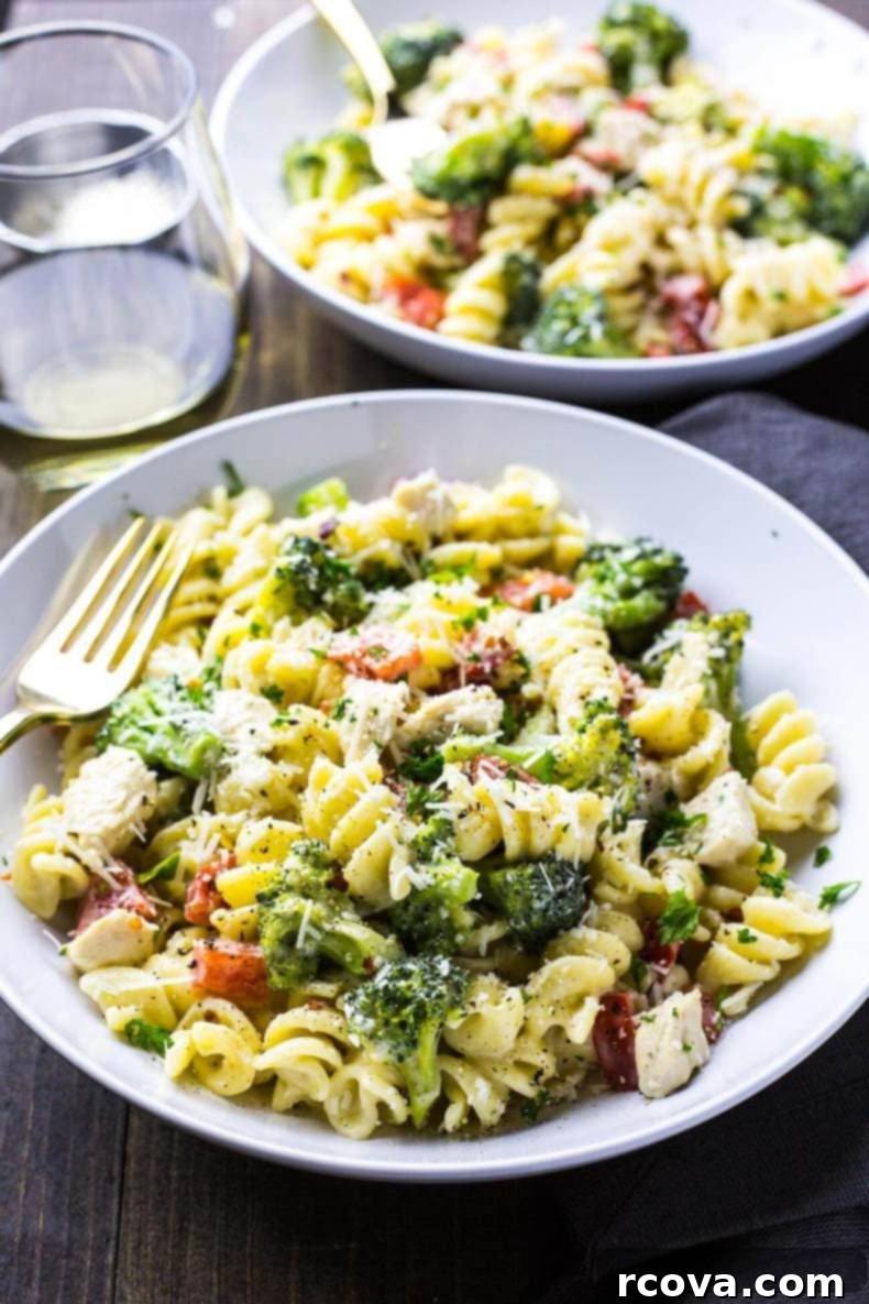 One-Pan Creamy Chicken Broccoli Alfredo 5 Broccoli Chicken Alfredo Skillet - close up of chicken and broccoli in the creamy sauce.