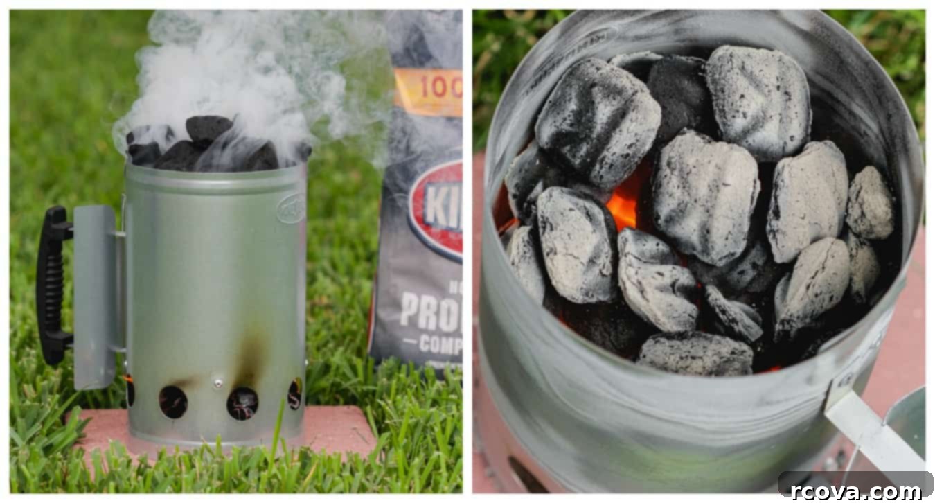 Mastering the Charcoal Grill 4 Hot charcoal briquettes being poured from a chimney starter into a grill