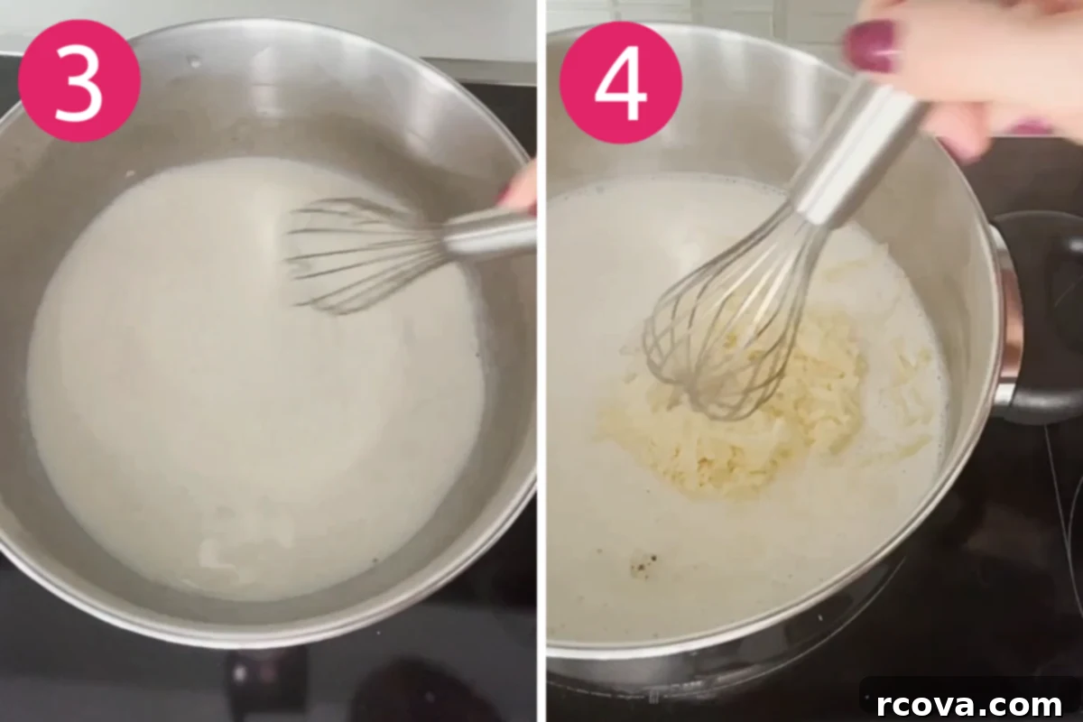 Decadent White Truffle Cheddar Mac 6 Two images side-by-side: one shows butter melting in a pot, the other shows shredded cheeses and truffle oil being stirred into a creamy sauce, illustrating the sauce-making steps for white cheddar truffle mac and cheese.