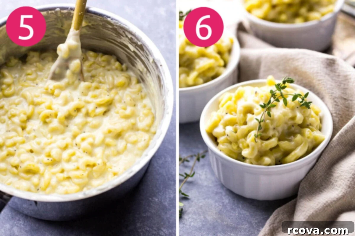 Decadent White Truffle Cheddar Mac 7 Two images side-by-side: one shows cooked macaroni being stirred back into the creamy cheese sauce, the other shows the finished white cheddar truffle mac and cheese served in a bowl with steamed broccoli, ready to enjoy.