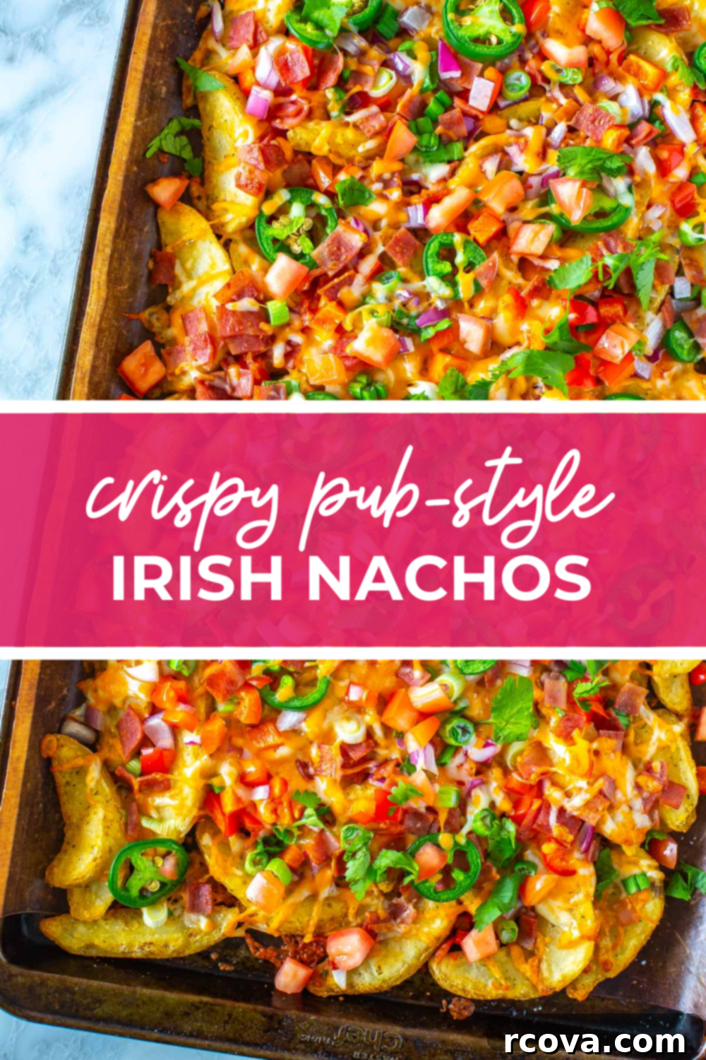 Hearty Irish Pub Nachos 13 Overhead shot of Irish nachos with a pink banner reading "crispy pub-style irish nachos"