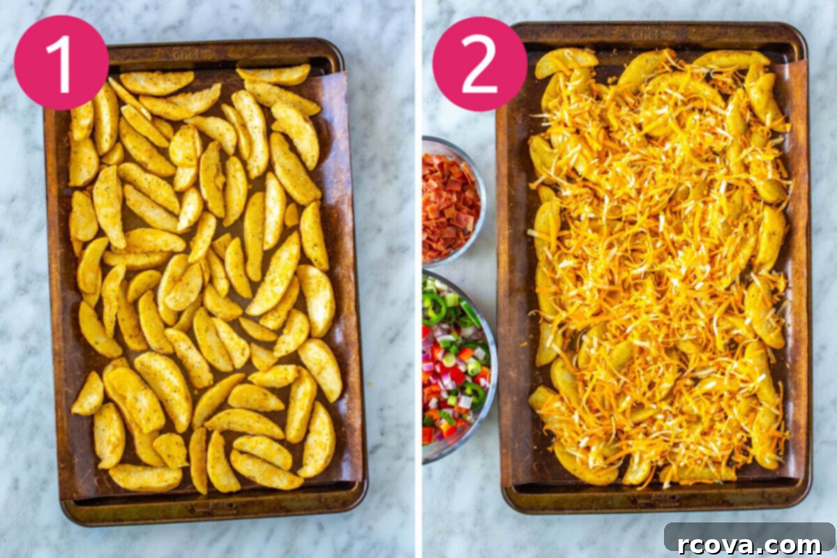 Hearty Irish Pub Nachos 5 Visual steps 1 and 2 for creating Irish nachos: First, cook the potato wedges and prepare all your fresh toppings. Then, generously sprinkle a layer of shredded cheese over the hot, crispy wedges.
