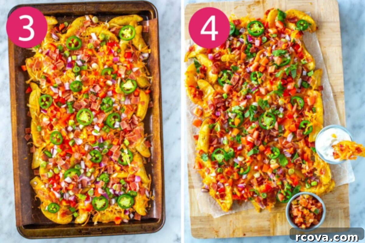 Hearty Irish Pub Nachos 6 Visual steps 3 and 4 for making Irish nachos: First, layer on all the remaining savory toppings. Then, bake the nachos for a few more minutes until the cheese is perfectly melted and bubbly before serving hot.