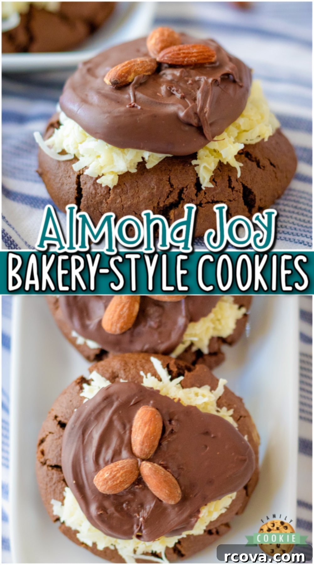 Artisan Almond Joy Cookies 12 Bakery Style Almond Joy Cookies recipe pin with thick chocolate, coconut & almonds