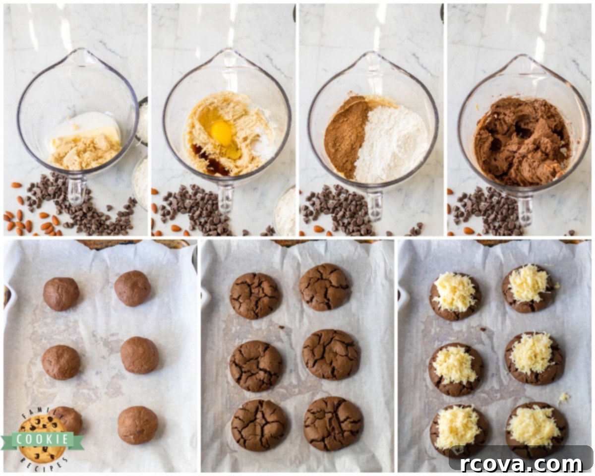 Artisan Almond Joy Cookies 4 Steps for making Bakery Style Almond Joy Cookies with ingredients laid out