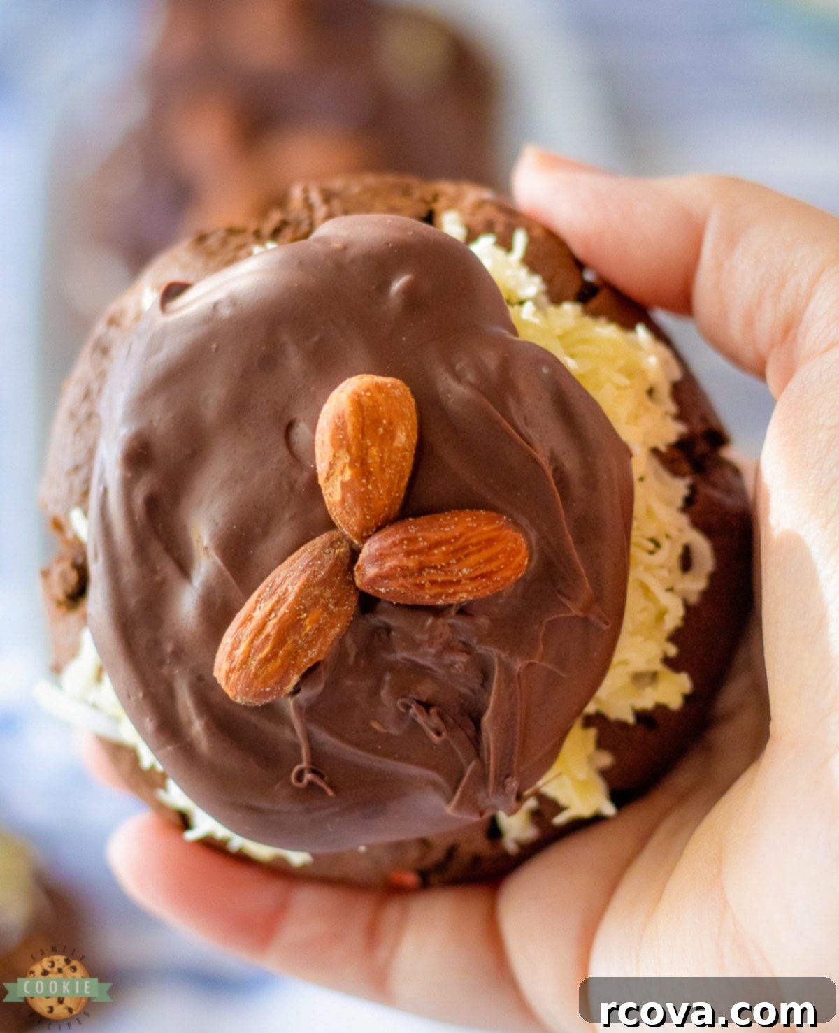 Artisan Almond Joy Cookies 8 Homemade bakery style Almond Joy cookies arranged on a platter