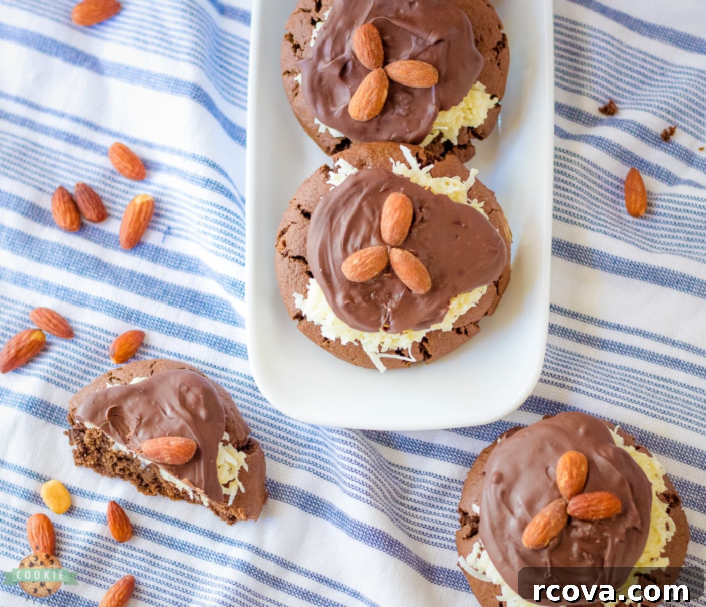 Artisan Almond Joy Cookies 9 Homemade Crumbl Copycat Almond Joy cookies displayed on a white surface