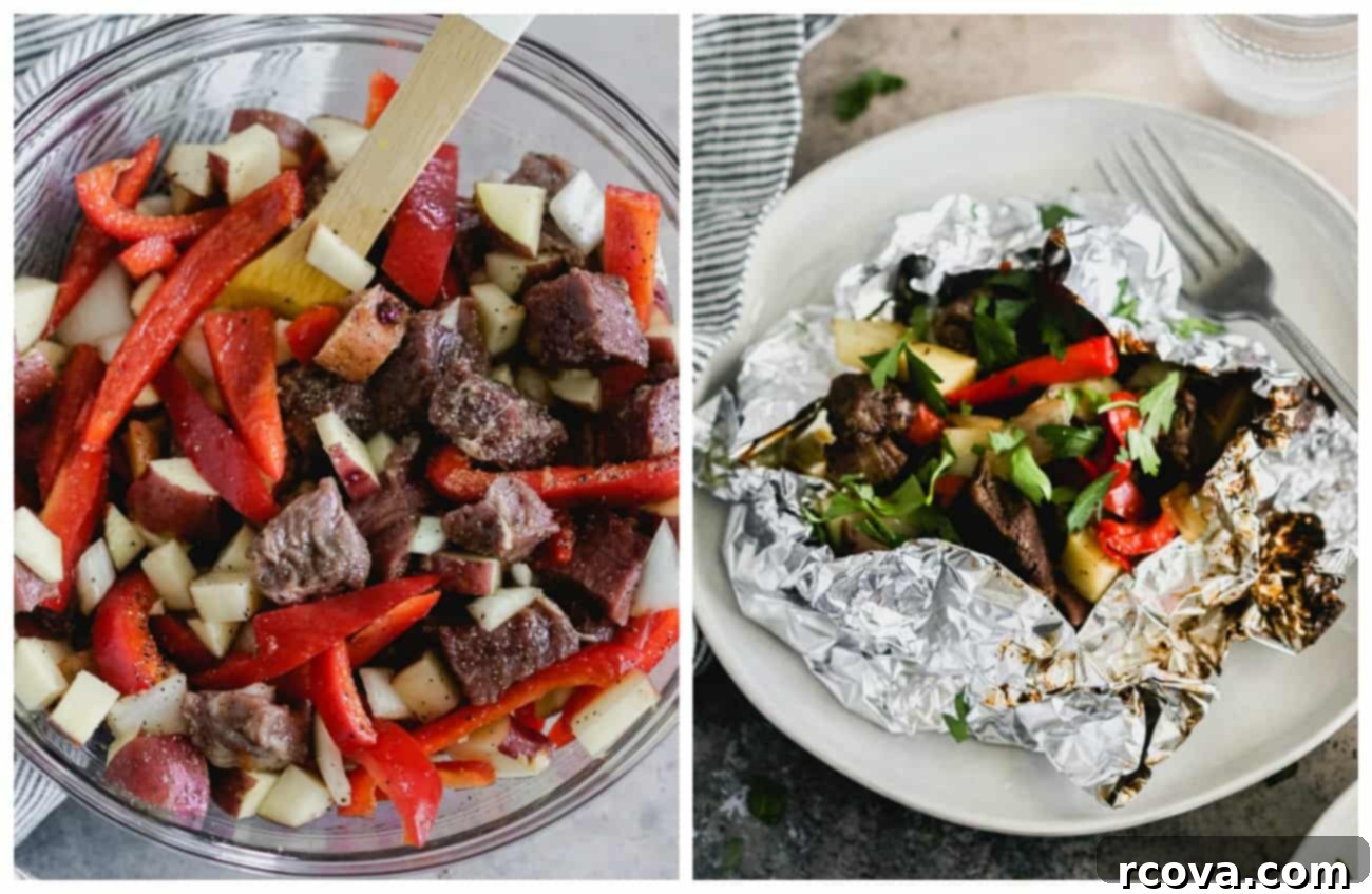 Fire Up Steak and Pepper Foil Dinners 3 Steak and Pepper Foil packets ready to be grilled, showing seasoned ingredients