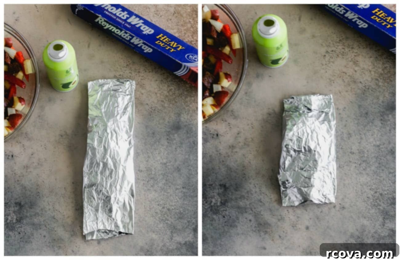 Fire Up Steak and Pepper Foil Dinners 5 Properly folded Steak and Pepper Foil packets ready for grilling