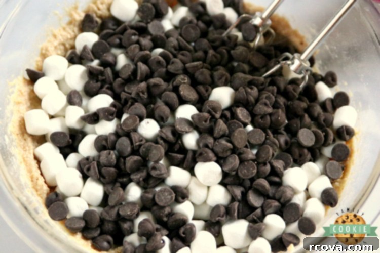 Gooey Graham Cracker S'mores Cookies 4 Ingredients for making S'mores cookies laid out: graham crackers, butter, chocolate chips, and marshmallows.