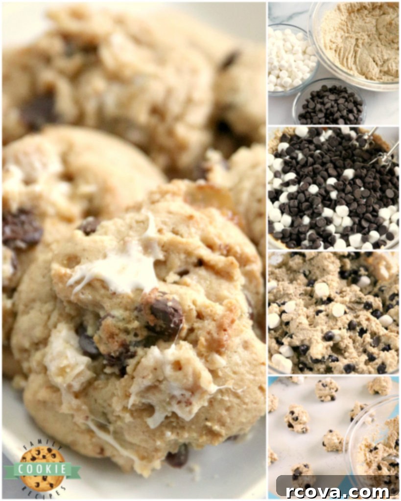 Gooey Graham Cracker S'mores Cookies 6 Several delicious Graham Cracker S'mores Cookies stacked on a plate, ready to be enjoyed.