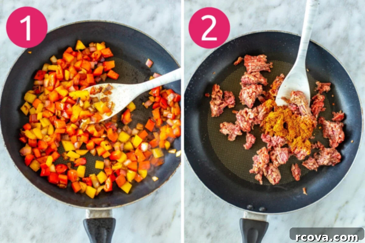 Crispy Dorito Taco Salad 5 Visual steps 1 and 2 for preparing Dorito Taco Salad, showing bell peppers and onions sautéing in a pan, followed by ground beef cooking with taco seasoning.