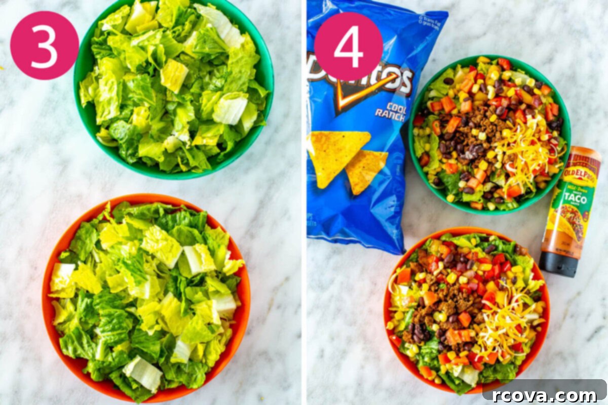 Crispy Dorito Taco Salad 6 Visual steps 3 and 4 for assembling Dorito Taco Salad, showing prepped salad toppings arranged next to a bowl ready for assembly.