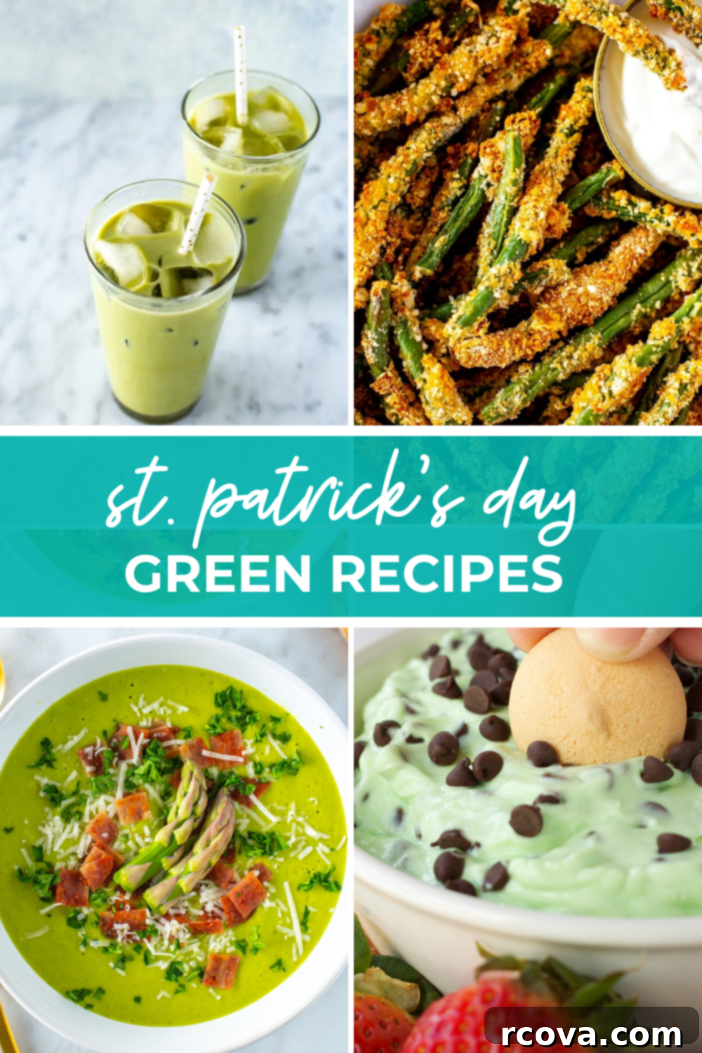 30 Festive Green Recipes for St Patricks Day 2 Overhead shots of green drink in drinking glasses and plated three dish es with green banner in the middle - reading