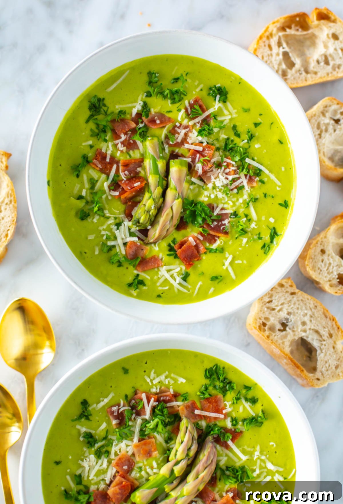 30 Festive Green Recipes for St Patricks Day 20 A bowl of asparagus soup topped with bacon.