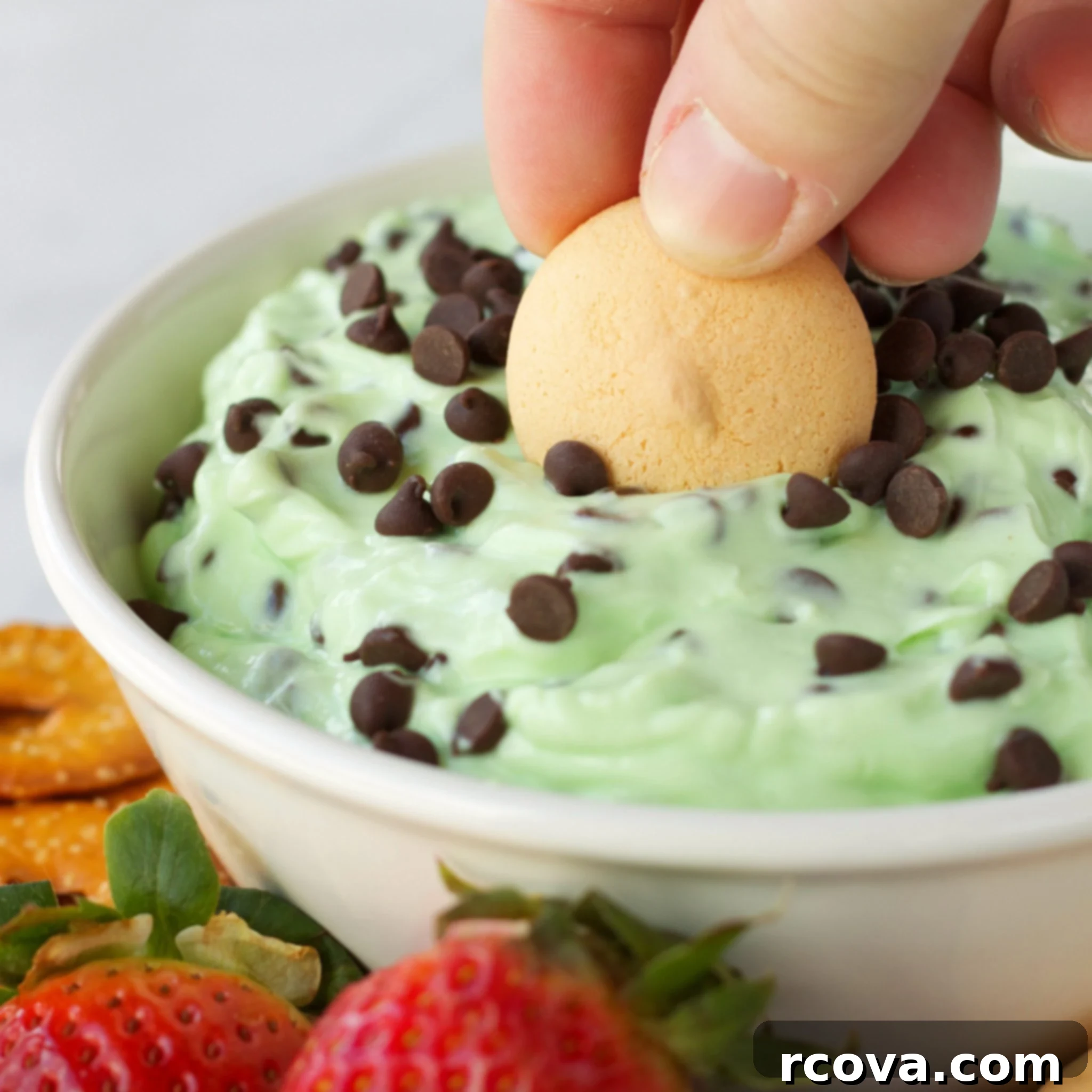 30 Festive Green Recipes for St Patricks Day 24 Mint Chocolate Chip Cheesecake Dessert Dip via The Busy Baker