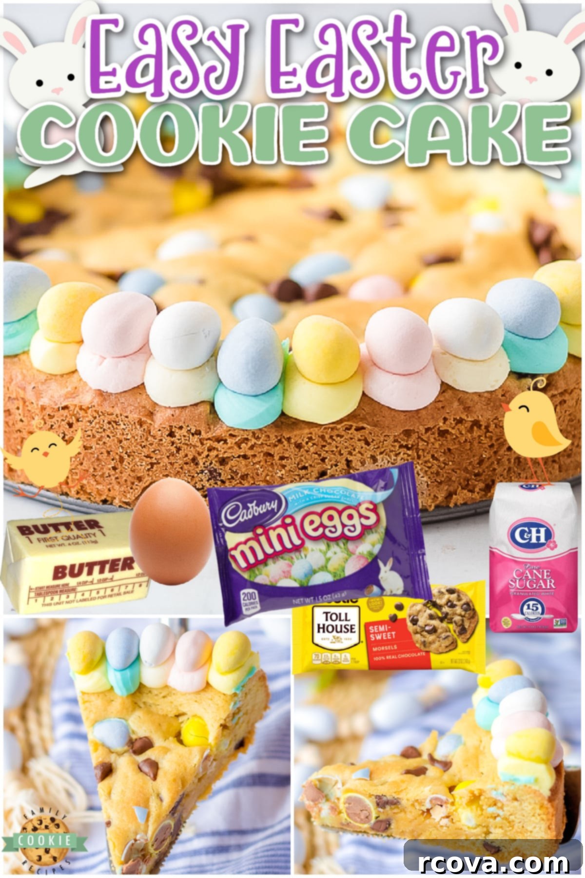 Festive Easter Cookie Cake 7 Festive Easter Cookie Cake that's soft, chewy & studded with chocolate chips & chocolate Easter eggs! A thick buttercream frosting rings the edges with more chocolate eggs. It is delicious and perfect for Easter!