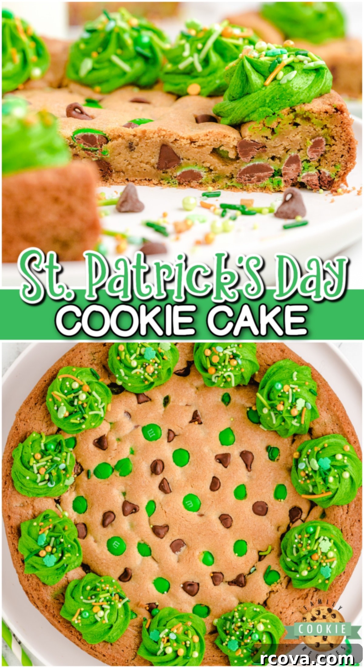 St Patricks Day Green Cookie Cake 8 Festive St. Patrick's Day Cookie Cake that's soft, chewy & studded with chocolate chips & green M&M's! Green buttercream frosting rings the edges of this delicious cookies that's perfect for all your little leprechauns!