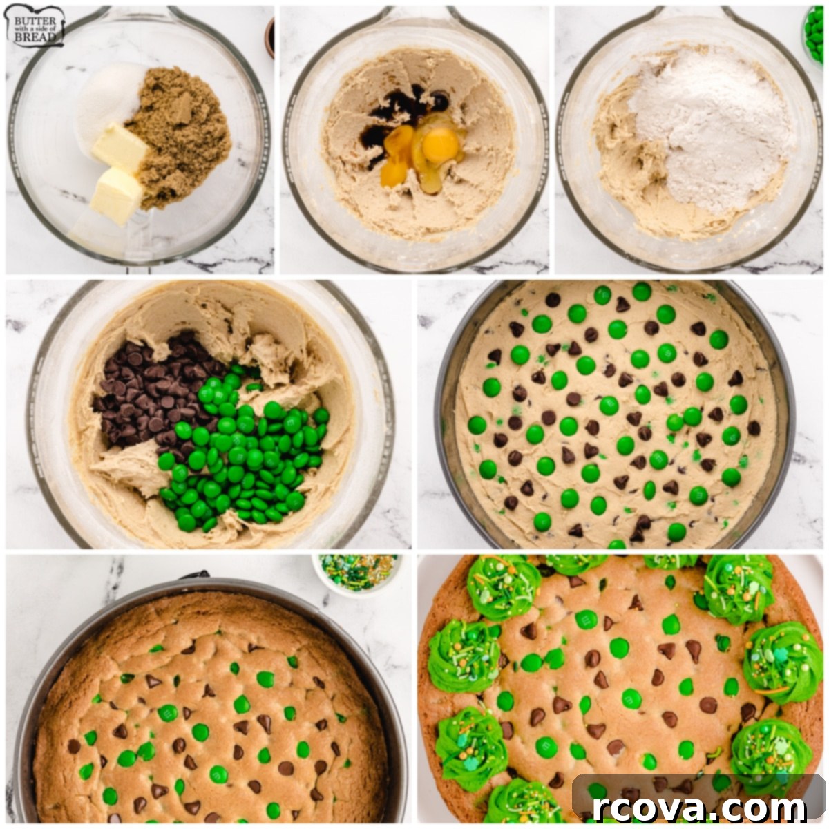 St Patricks Day Green Cookie Cake 3 Step-by-step collage demonstrating how to make a St. Patrick's Day cookie cake, showing mixing ingredients and dough preparation.