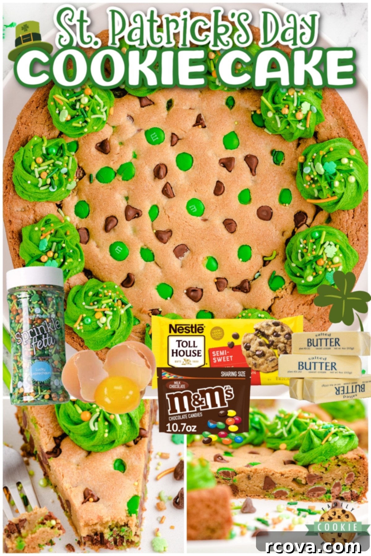 St Patricks Day Green Cookie Cake 5 A festive St. Patrick's Day Cookie Cake collage, showing dough being pressed into a pan, the finished cake, and a slice.