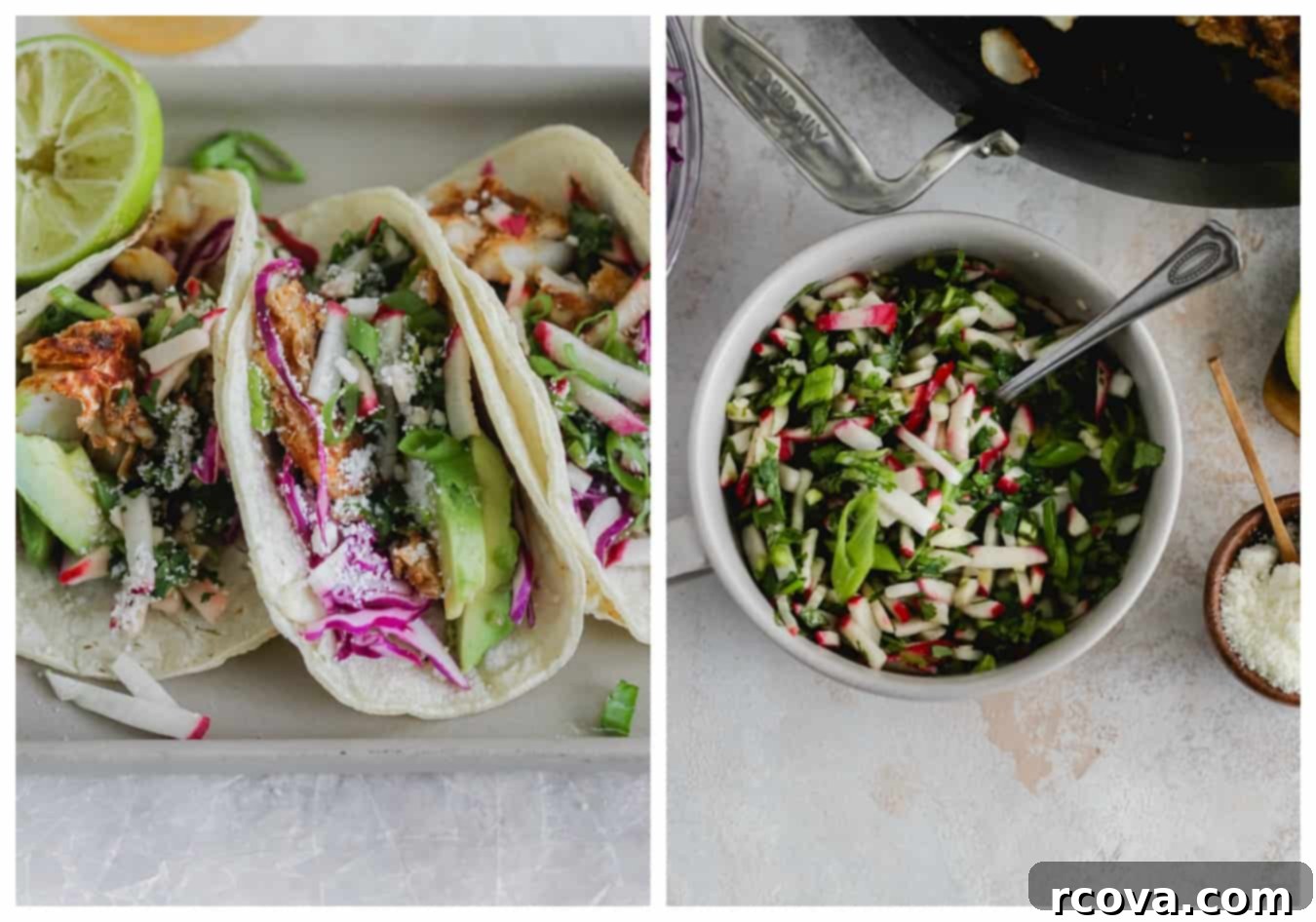 Flaky Fish Tacos with Speedy Cilantro-Radish Salsa 3 Close-up of Fresh Fish Tacos with Vibrant Salsa