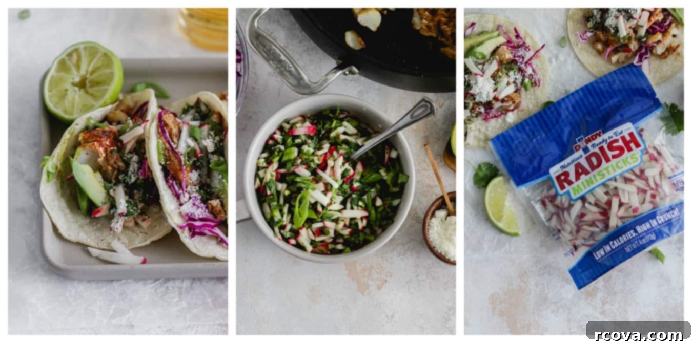 Flaky Fish Tacos with Speedy Cilantro-Radish Salsa 4 Ingredients for Cilantro-Radish Salsa