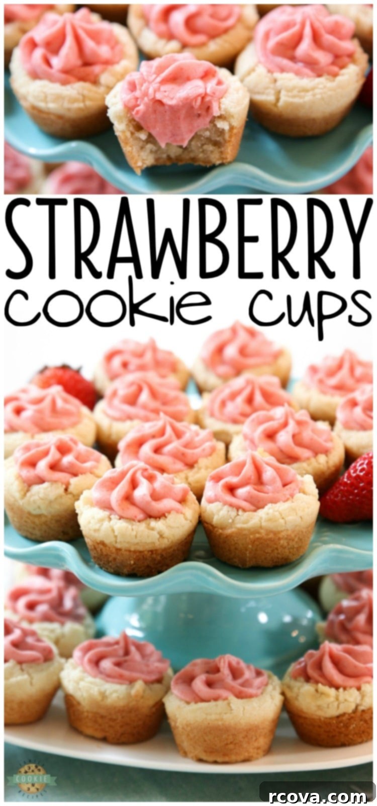 Strawberry Cookie Cup Delights 13 Strawberry Cookie Cups are bite-sized treats made with the best buttercream strawberry frosting ever. Made with fresh strawberries, there just aren't better strawberry cookies than these! #strawberry #strawberrycookies #cookiecups #strawberryfrosting #buttercreamfrosting #freshstrawberries #strawberrybuttercreamfrosting #strawberrycookiecups #recipefrom Butter With a Side of Bread