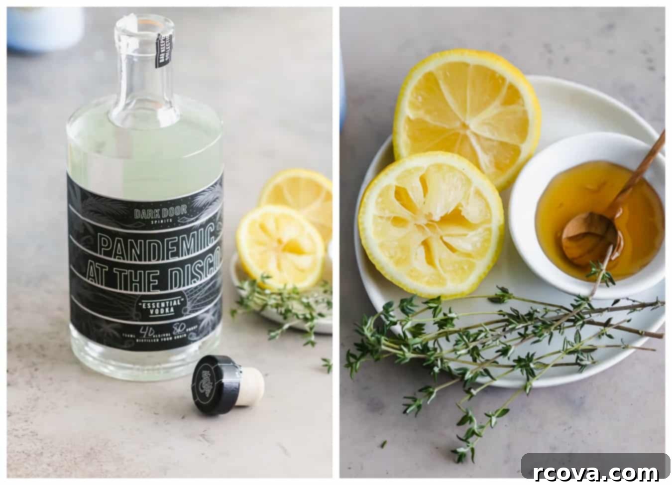 Spiked Patio Lemonade 3 Ingredients for Boozy Backyard Lemonade laid out, including fresh lemons, honey, and vodka